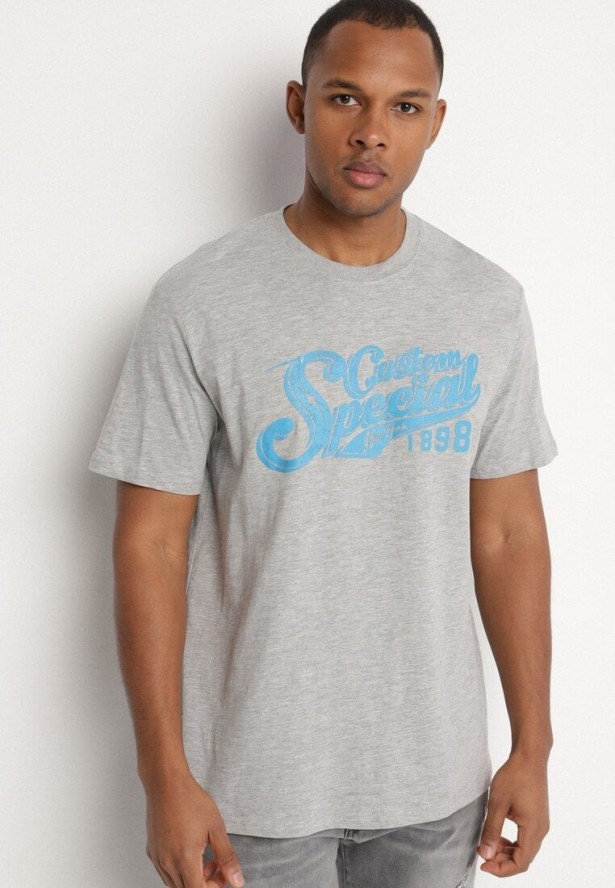 Jasnoszara Bawełniana Koszulka z Nadrukiem z Napisem Mepize