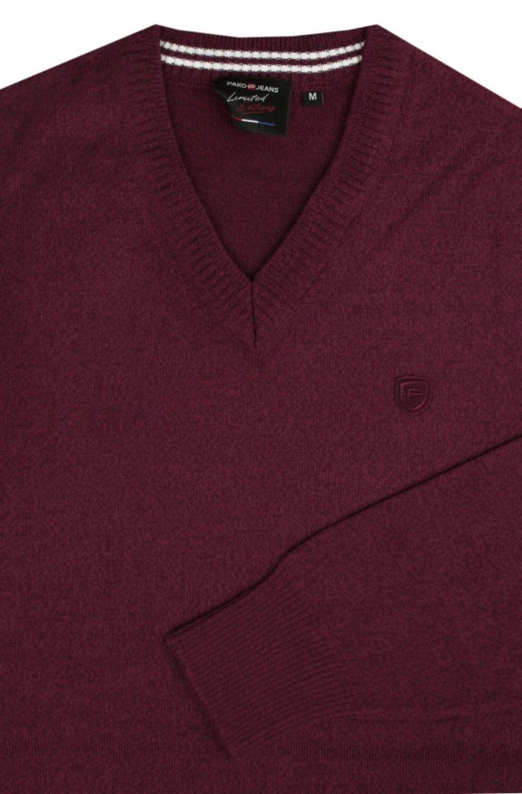 Sweter Męski Wełniany - Dekolt w Serek - Pako Jeans - Bordowy
