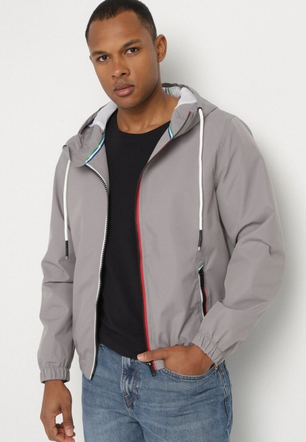 Szara Kurtka Wiatrówka z Kapturem i Zasuwanymi Kieszeniami Adivoria