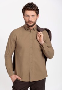 Beżowa, gładka koszula, Regular Fit, K-NESH