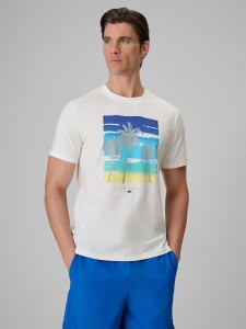 4F T-shirt regular z nadrukiem męski - kremowy L