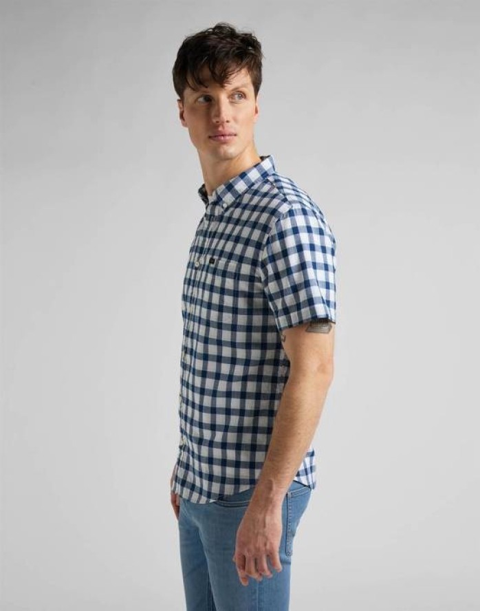 LEE BUTTON DOWN SS MĘSKA KOSZULA W KRATĘ KRÓTKI RĘKAW WASHED BLUE L886OFLR 112145648