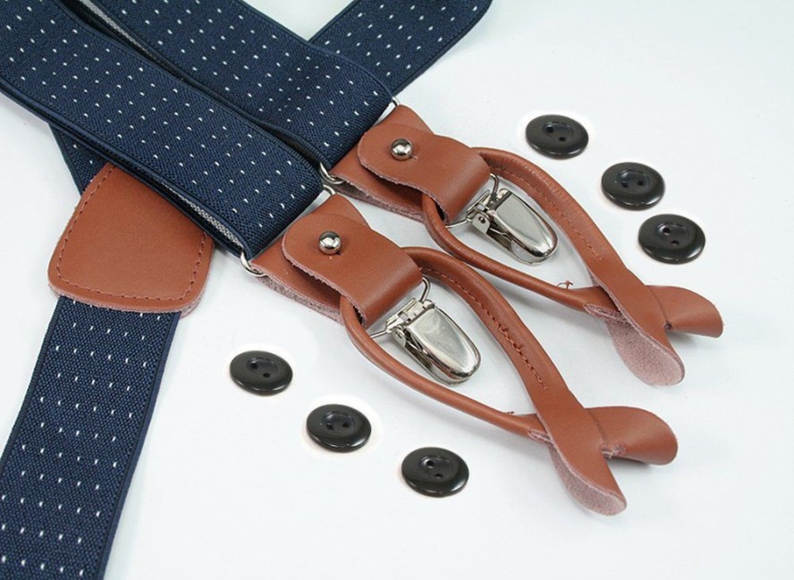 Szelki Męskie, Zapięcie na Guziki lub Żabki - ALTIES - Granatowe w Drobny Groszek