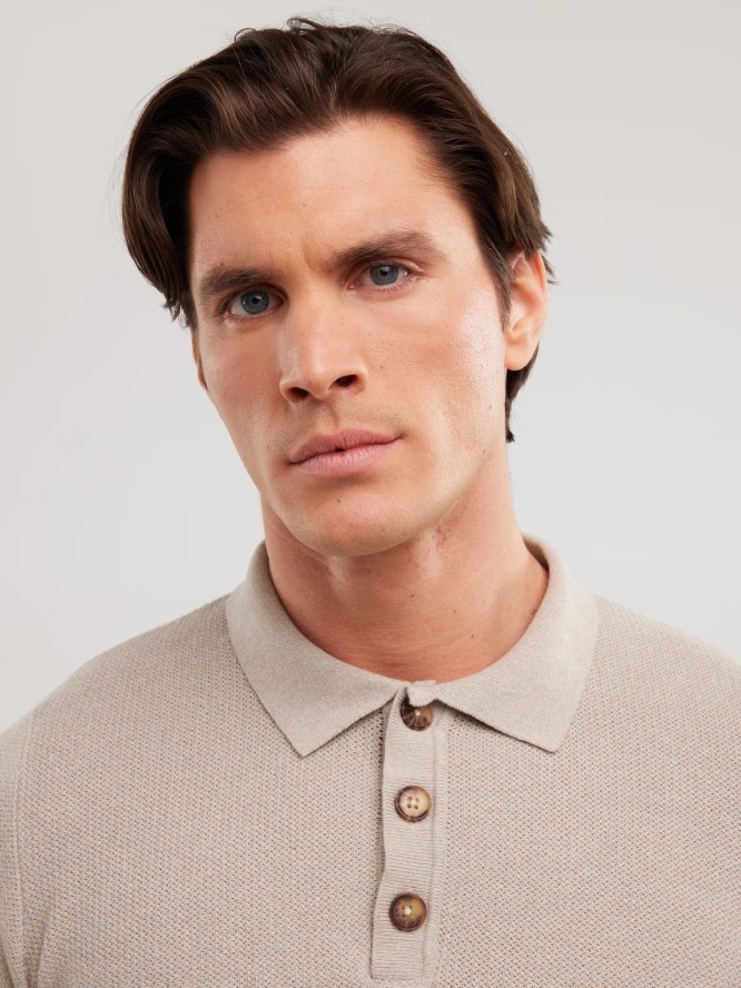 Sweter męski polo z krótkim rękawem beżowy Polonezzo 801