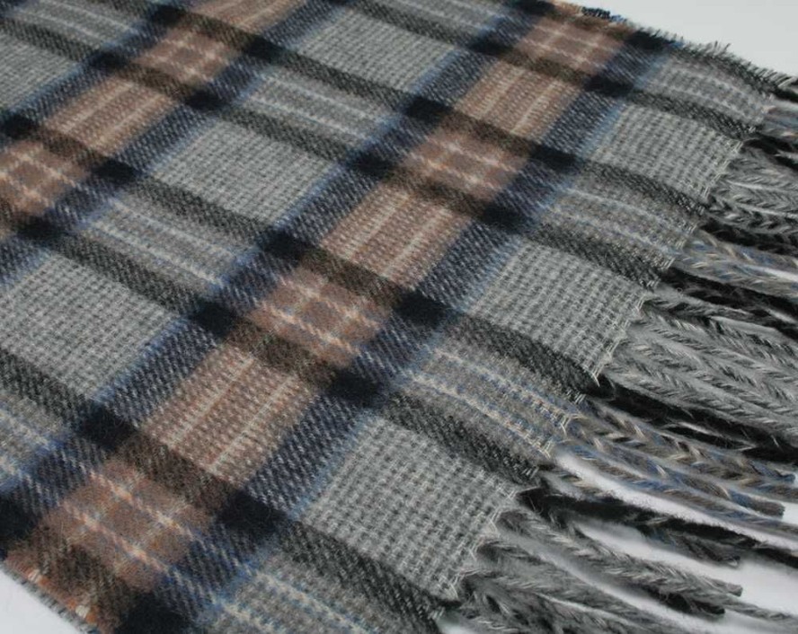 Szalik z Frędzlami, Szaro-Beżowy, Wełna z Kaszmirem, Ciepły, Męski, w Kratę -V. Fraas