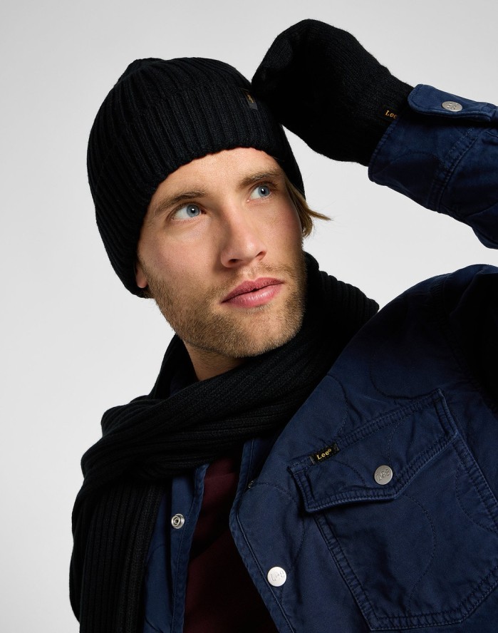 Męski zestaw zimowy LEE – czapka, szalik i rękawiczki czarne (Black XMAS Pack 112342469)