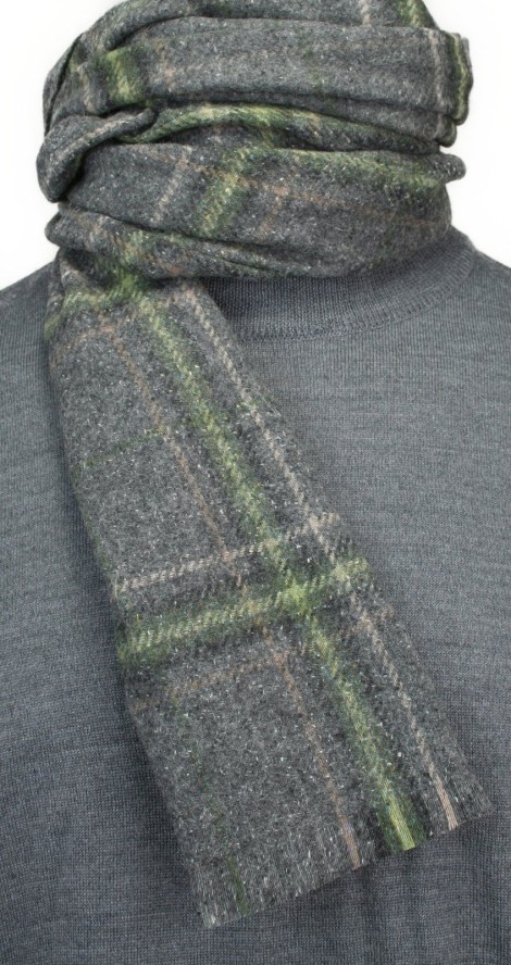 Szalik Szaro-Zielony w Kratkę, Wełna z Domieszką Jedwabiu, Ciepły, Męski -V. Fraas