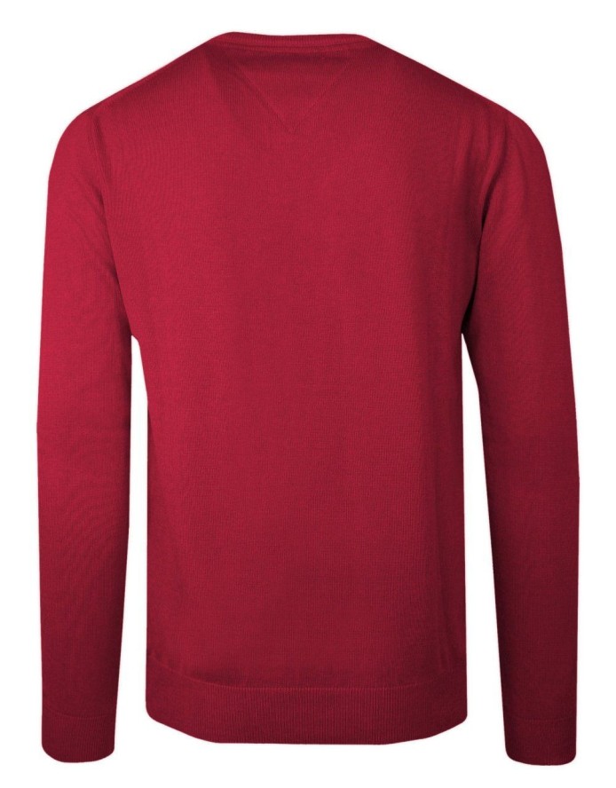 Sweter Czerwony w Serek, Bawełniany, Tłoczony Wzór, V-neck, Męski -BARTEX