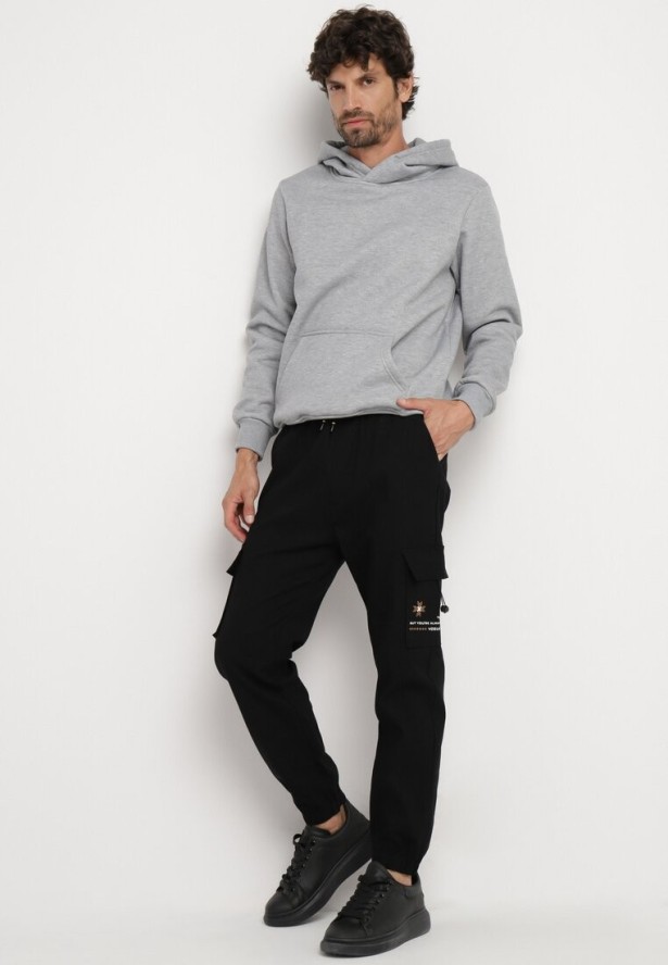 Czarne Spodnie z Bawełną o Fasonie Cargo ze Sznurkiem w Talii Lotilie