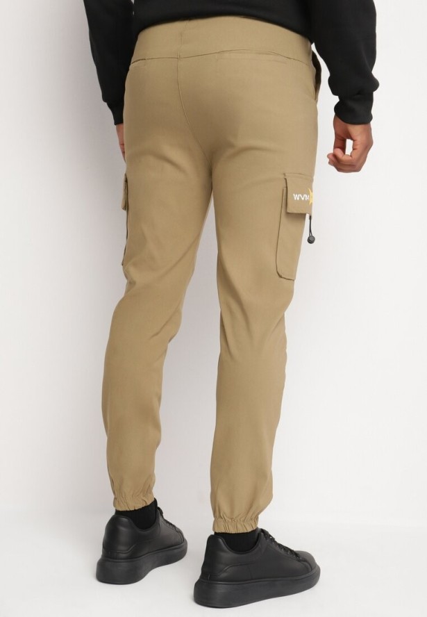 Ciemnobeżowe Spodnie Cargo z Bawełną Ozdobione Napisem i Gumką w Pasie Tarionna