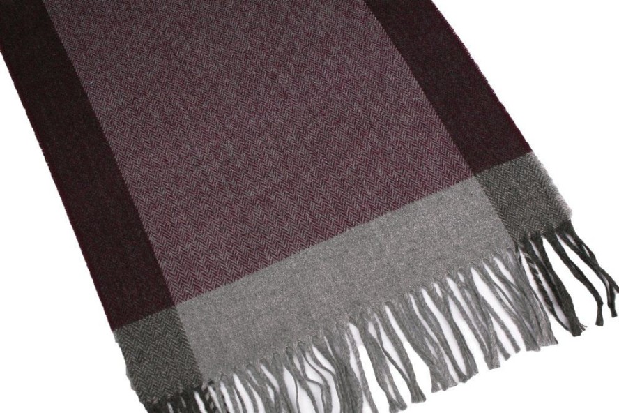 Szalik Bordowy w Jodełkę z Frędzlami, Męski, Jesienno-Zimowy z Wełną -V. FRAAS