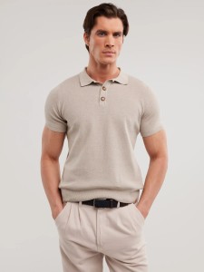 Sweter męski polo z krótkim rękawem beżowy Polonezzo 801