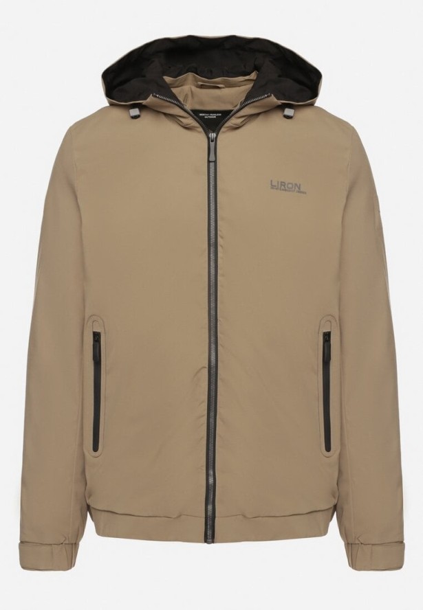 Ciemnobeżowa Jednorzędowa Kurtka z Odpinanym Kapturem i Napami przy Rękawach Elondraea