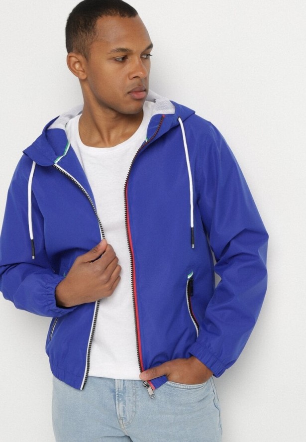 Niebieska Kurtka Wiatrówka z Kapturem i Zasuwanymi Kieszeniami Adivoria