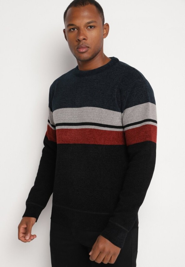 Czarny Sweter z Wełną Ozdobiony Paskami Inaelle