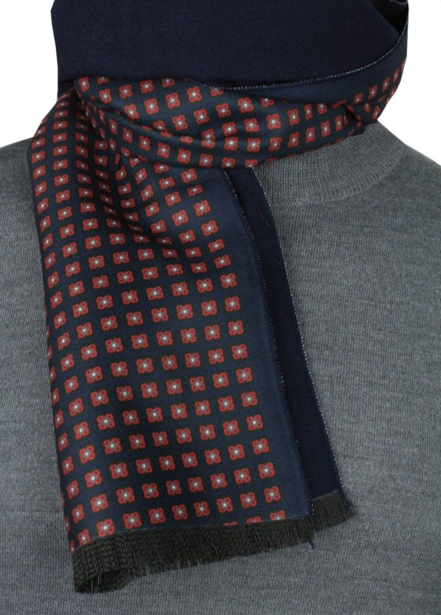 Elegancki Szalik Bawełniany - Alties - Granat z Pomarańczowym Wzorem