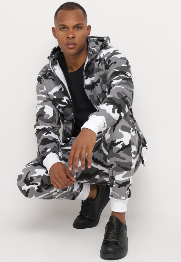 Szary Komplet Dresowy Moro Rozpinana Bluza z Kapturem Spodnie ze Ściągaczami Rotita