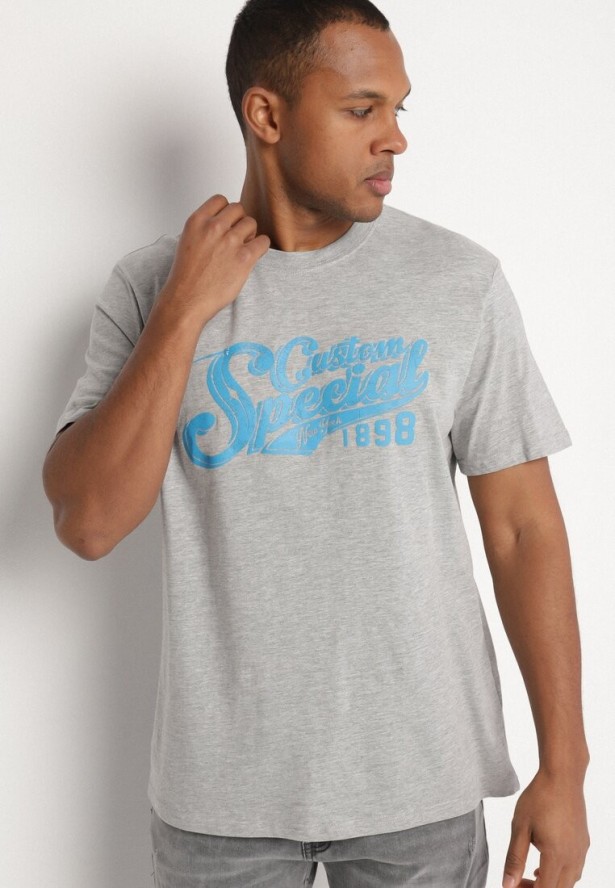 Jasnoszara Bawełniana Koszulka z Nadrukiem z Napisem Mepize