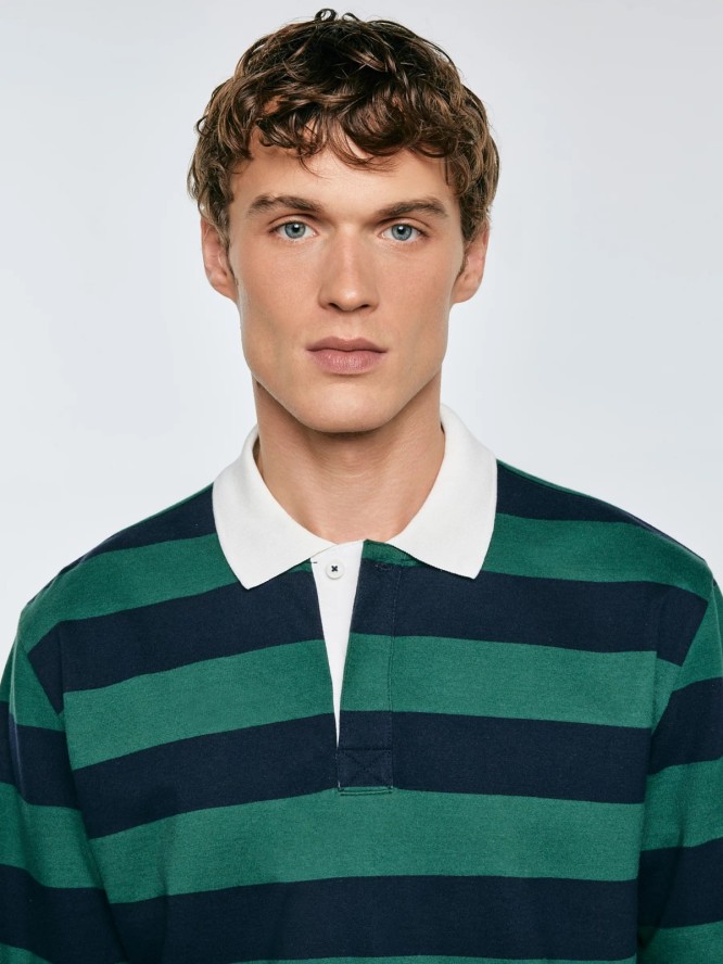 Koszulka męska polo z długim rękawem w pasy granatowo-zielona Miker 403