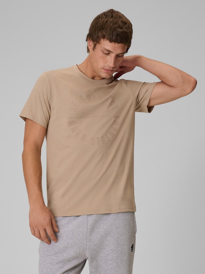 4F T-shirt regular z nadrukiem męski - beżowy XXL