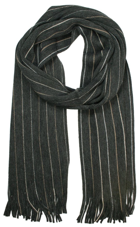 Szalik Dziergany Szaro-Beżowy w Paski z Frędzlami -V.FRAAS- Ciepły, Męski, Jesienno-Zimowy