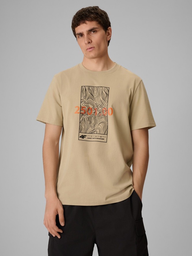 4F T-shirt regular z nadrukiem męski - beżowy L