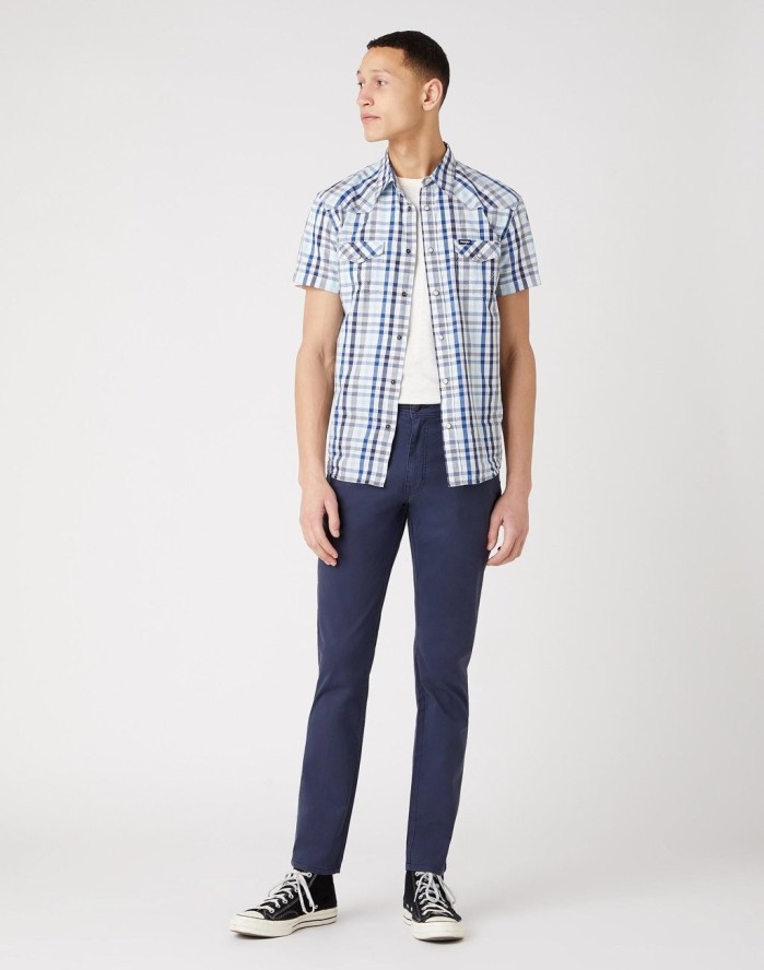 WRANGLER TEXAS SLIM MĘSKIE SPODNIE MATERIAŁOWE NAVY W12SWA114 112126532