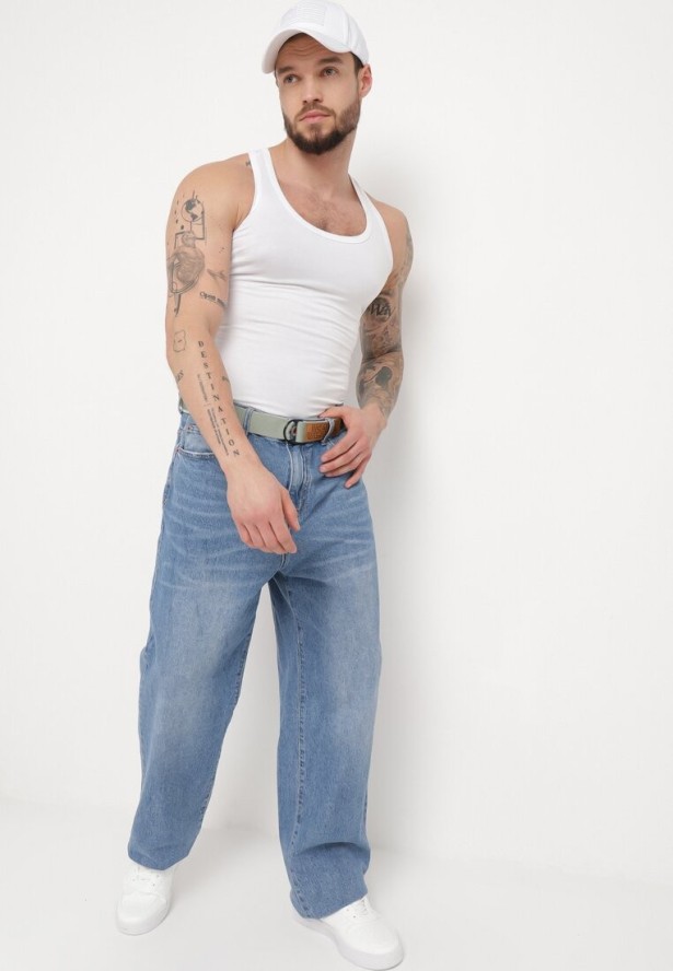 Niebieskie Klasyczne Jeansy z Przetarciami i Materiałowym Paskiem Ramalua