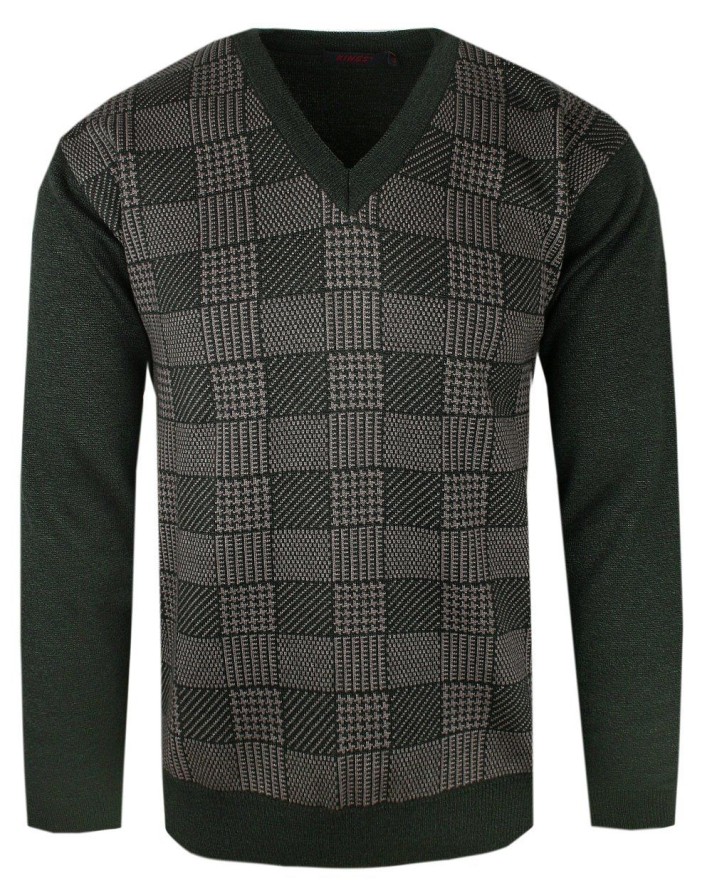 Ciemnooliwkowy Sweter w Szachownice (U-neck) - Kings
