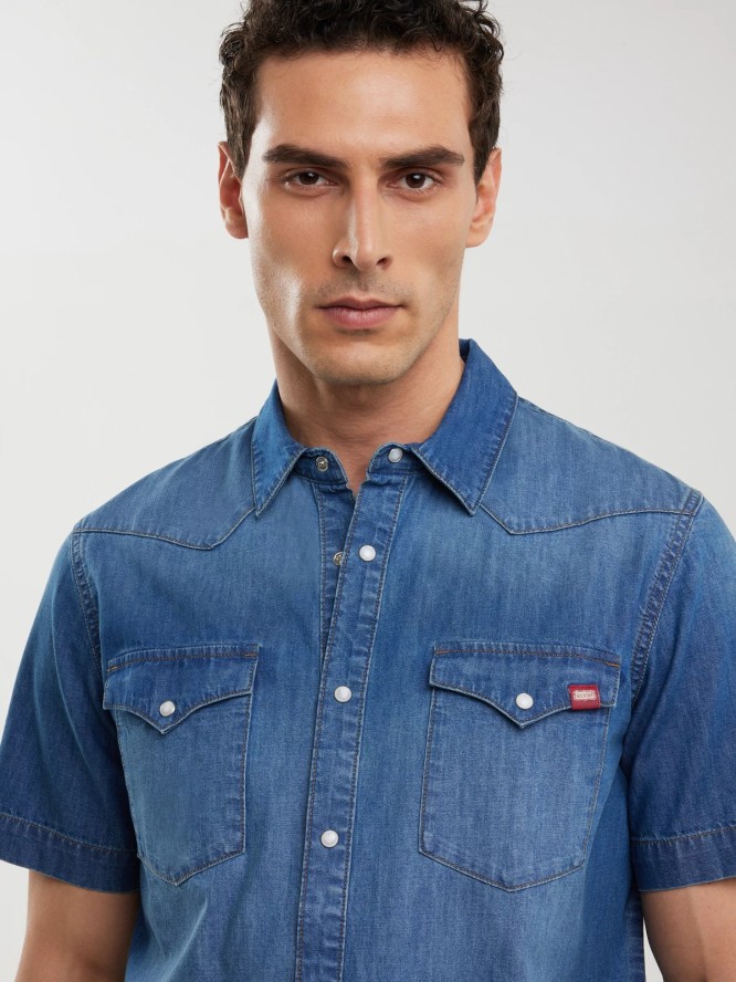 Koszula męska jeansowa z krótkim rękawem niebieska Short Sleeve Western 377