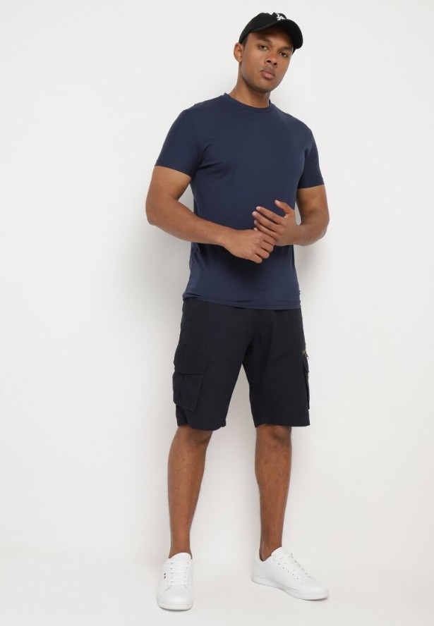 Granatowe Bawełniane Szorty z Szerokimi Kieszeniami Cargo Diphea
