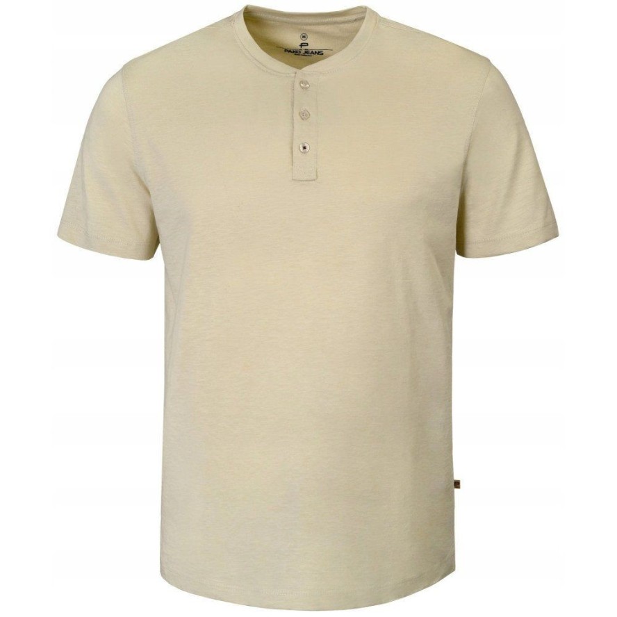 Beżowy Męski T-Shirt, Dekolt z Guzikami - Pako Jeans