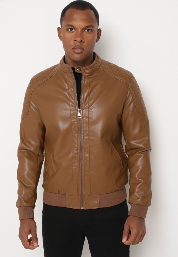 Ciemnobrązowa Ramoneska Kurtka w Stylu Motocyklowym ze Stójką Tinina