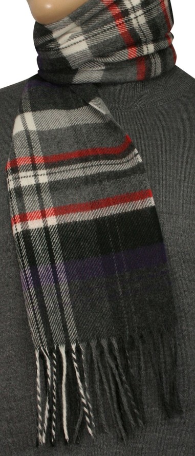 Szalik Szaro-Fioletowy w Kratkę Ciepły, z Frędzlami -V.FRAAS- Jesienno-Zimowy, Męski