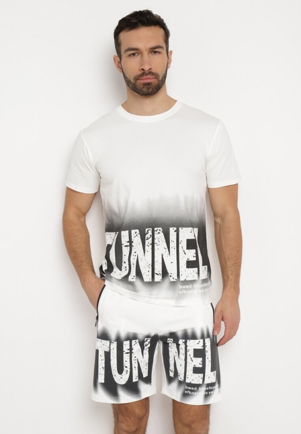 Biały Bawełniany Komplet Dresowy Koszulka z Nadrukiem i Szorty z Kieszeniami Bezbia