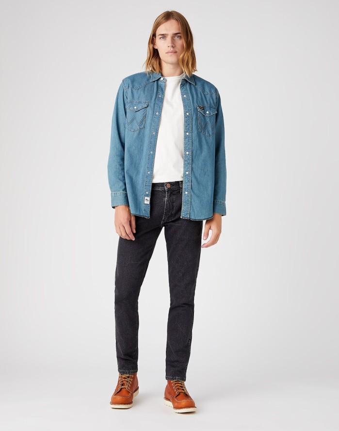 WRANGLER LARSTON MĘSKIE SPODNIE JEANSOWE JEANS DŻINSY BLACK LIGHTNING W18S8930A 112145861