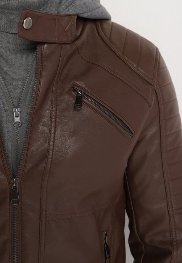 Ciemnobrązowa Kurtka Ramoneska z Ekoskóry z Kapturem Florenitha