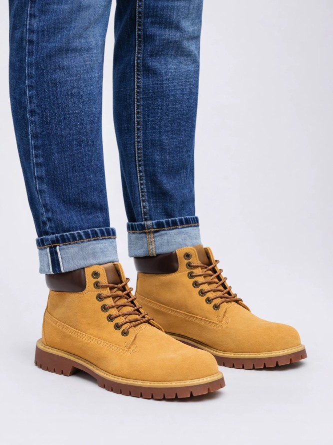 Trapery męskie ze skóry naturalnej zamszowej brązowe OO174136 802