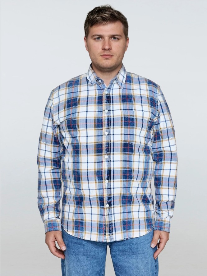 Koszula męska bawełniana w kratę niebiesko-biała Merowi 401