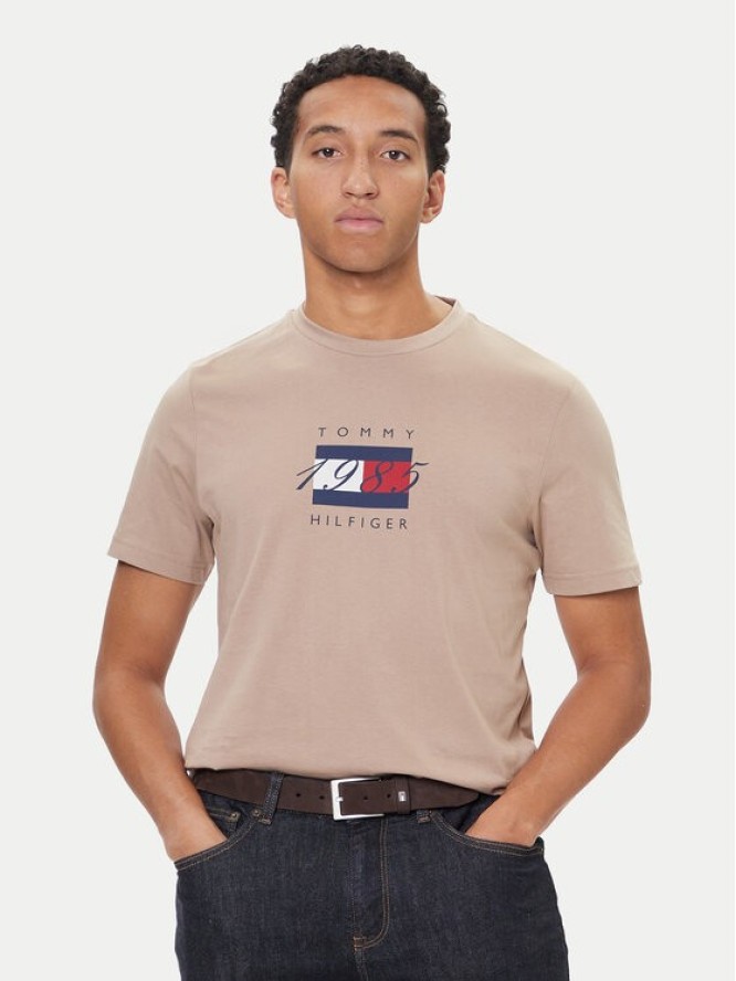 Tommy Hilfiger T-Shirt Linear Flag MW0MW41338 Beżowy Regular Fit