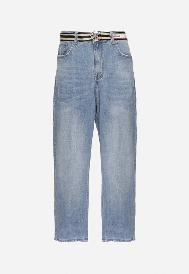 Niebieskie Szerokie Jeansy z Bawełny Ozdobione Paskiem Lerillis