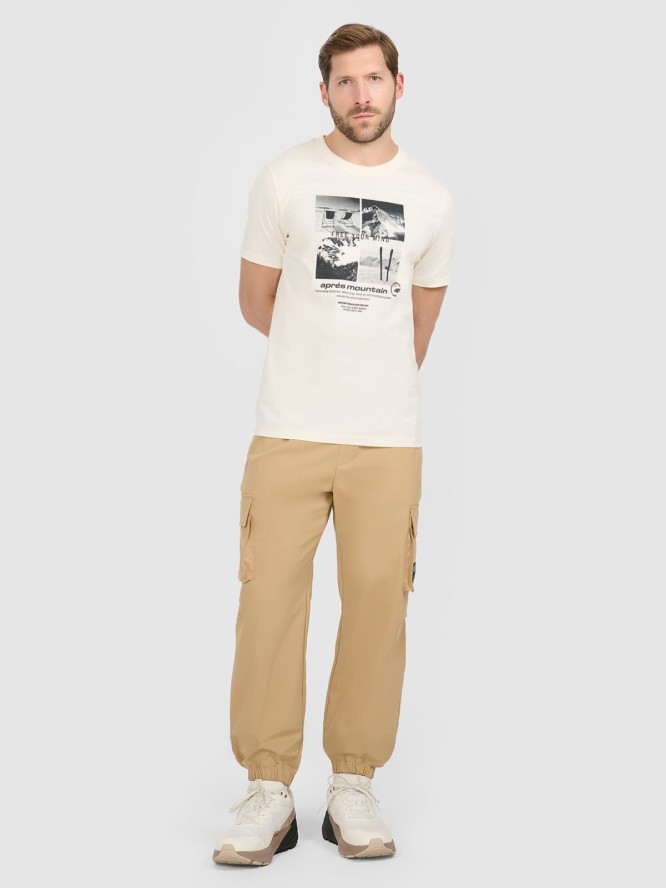 4F T-shirt regular z nadrukiem męski - beżowy XL