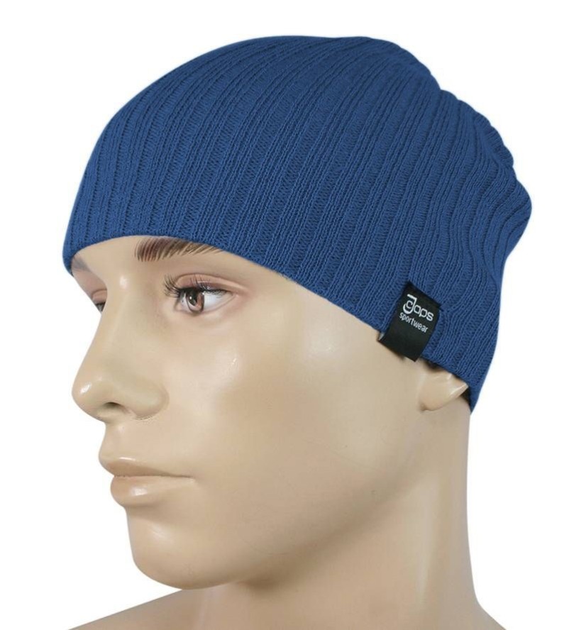 Czapka Ciemna Niebieska, Jesienno-Zimowa, Beanie, Krasnal, Rozciągliwa, w Prążki