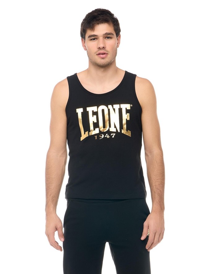 Męski top bez rękawów Leone 1947 Apparel z dużym złotym logo. Na trening.
