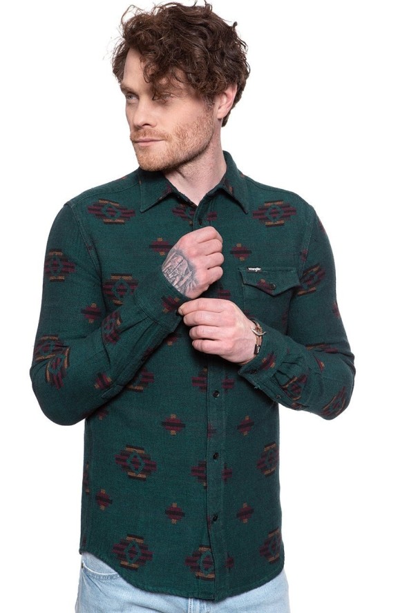 WRANGLER LS 1PKT FLAP SHIRT PINE W5A4BBG01 112130041