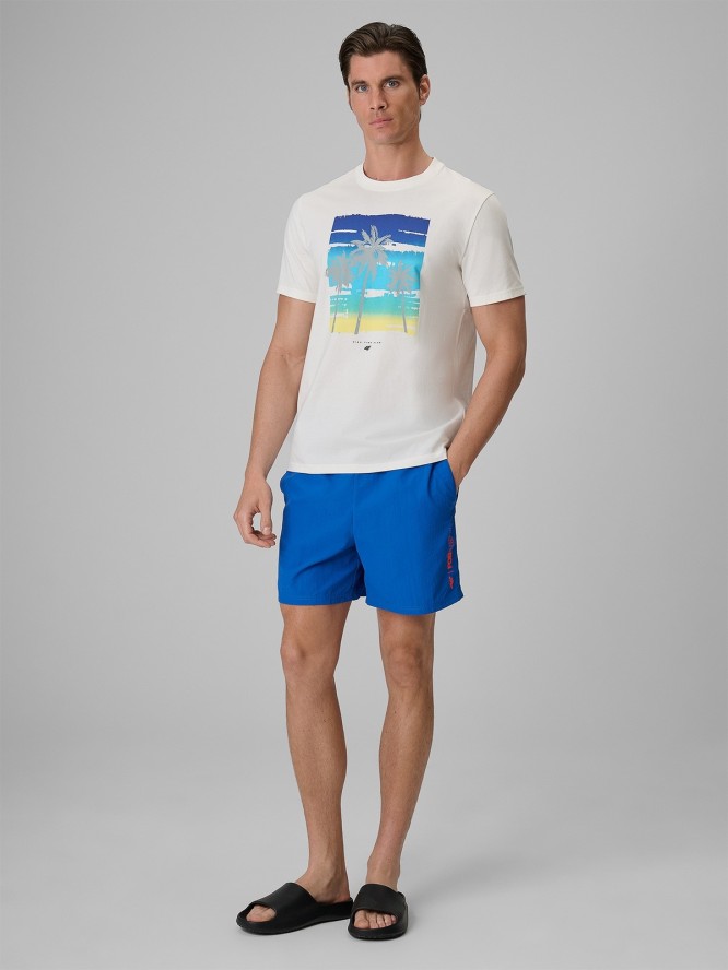 4F T-shirt regular z nadrukiem męski - kremowy L