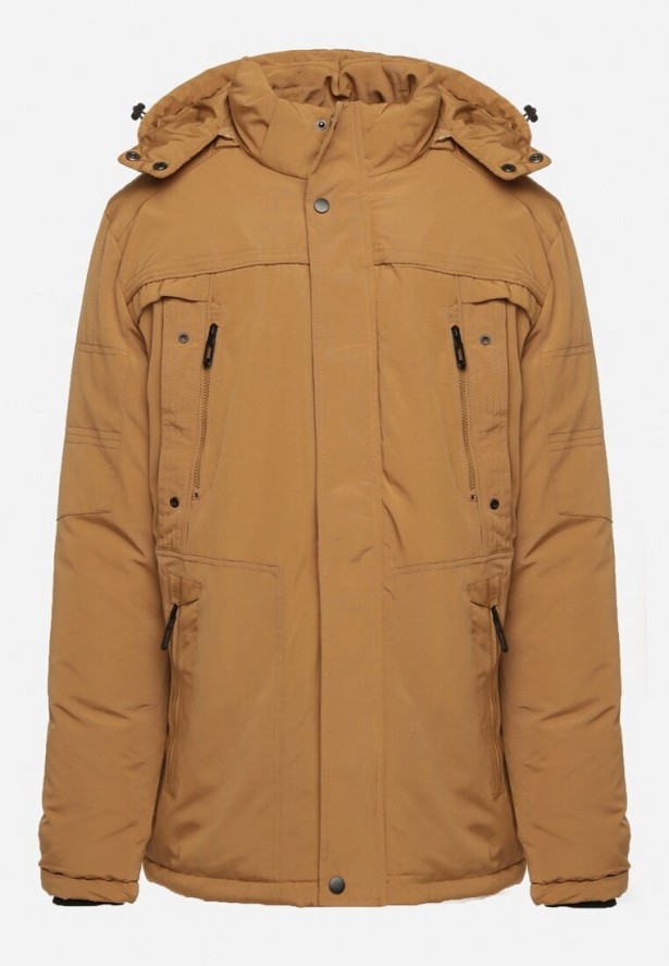 Jasnobrązowa Kurtka Zimowa z Ociepleniem i Odpinanym Kapturem oraz Kieszeniami Izalinda