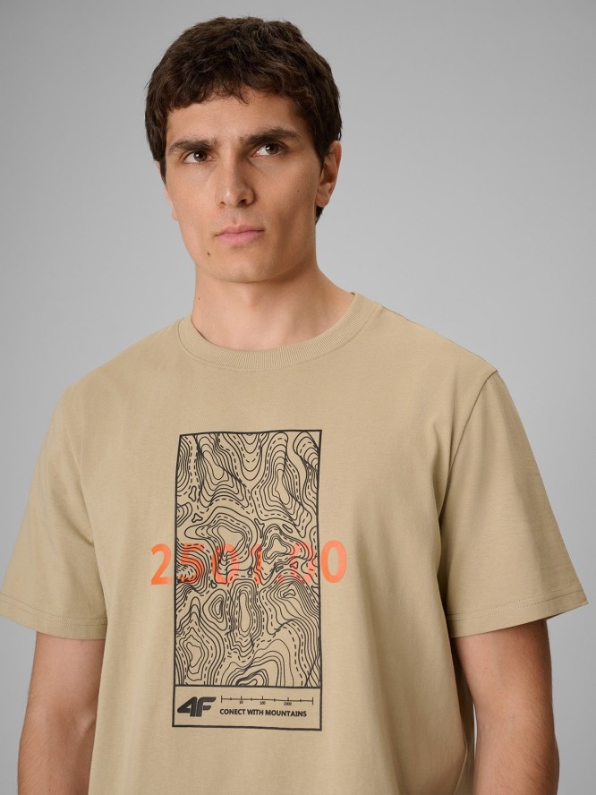 4F T-shirt regular z nadrukiem męski - beżowy L
