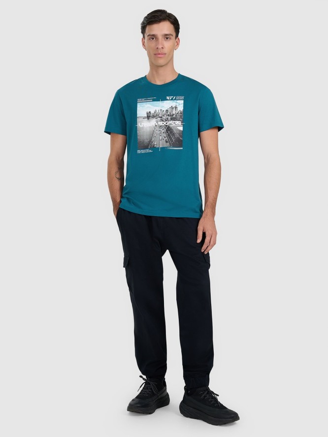 4F T-shirt regular z nadrukiem męski - turkusowy XXL