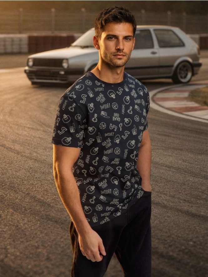 Bawełniana wzorzysta koszulka - granatowy